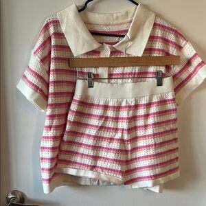 Pink & White Knit Polo Top and Shorts Set – Size M